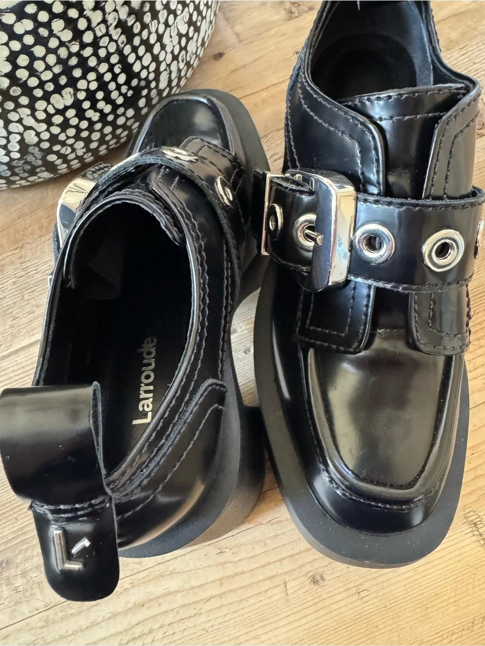 Larroude Black Patent Platform Loafers with Silver Eyelets